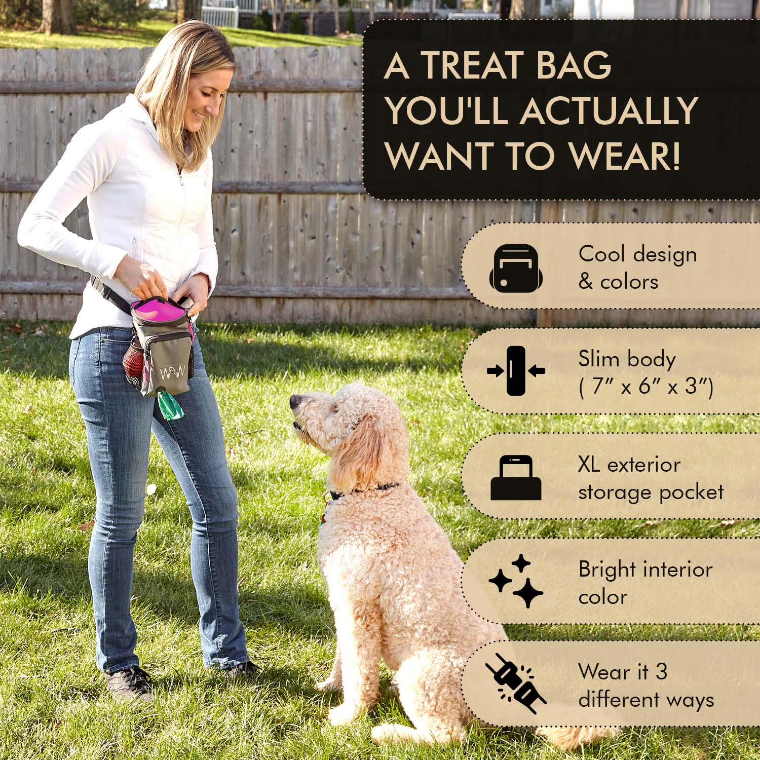 The Wolf In Winter Dog Treat Pouch is versatile, slim and stylish