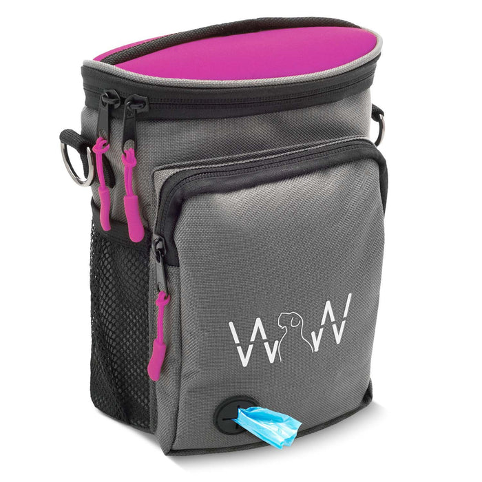 Grey Wolf in Winter dog treat training bag with bright pink raspberry top